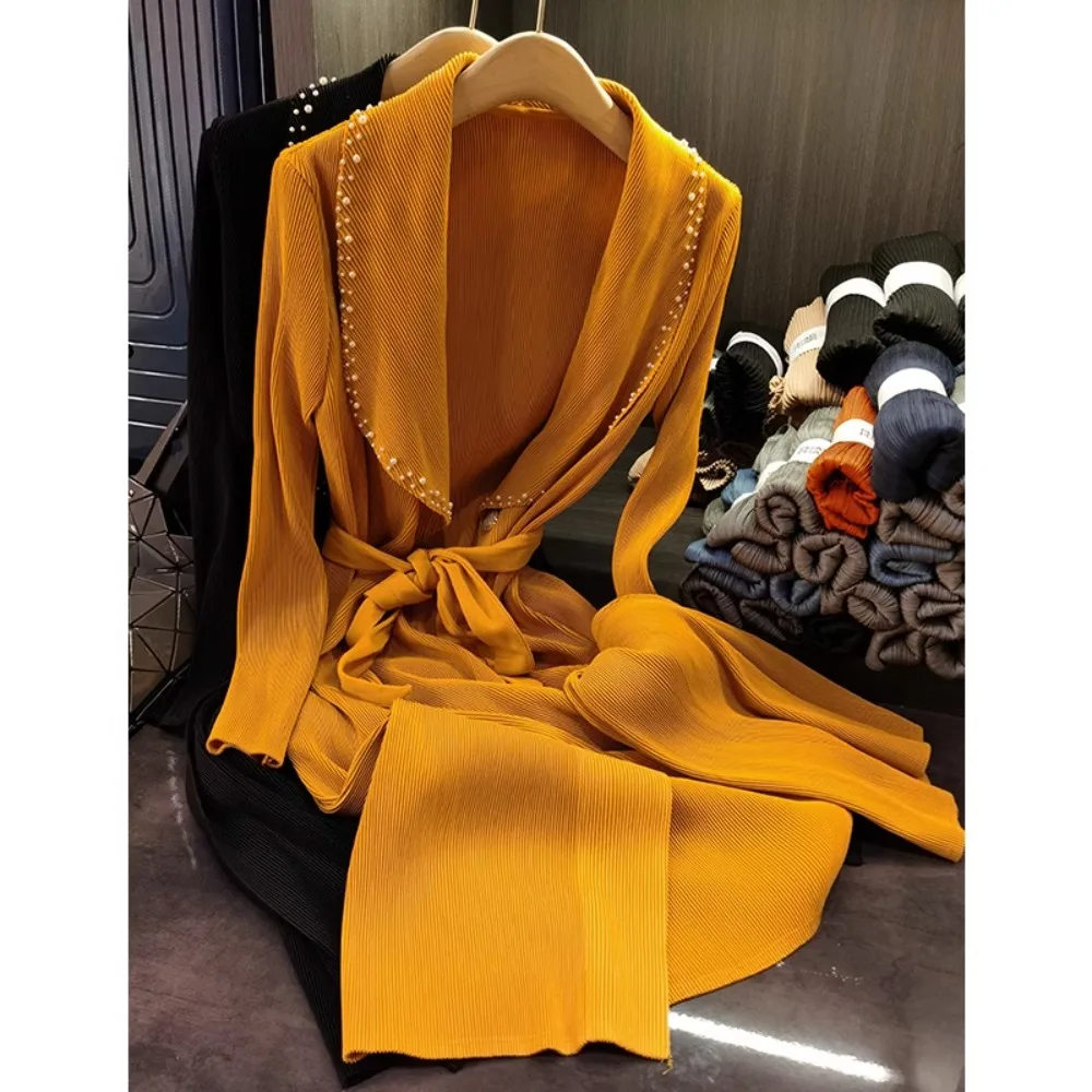 

Роскошный яркий женский кардиган средней длины с бусинами, отложным воротником и кисточками, тонкий трапециевидный плащ-пальто, женское платье