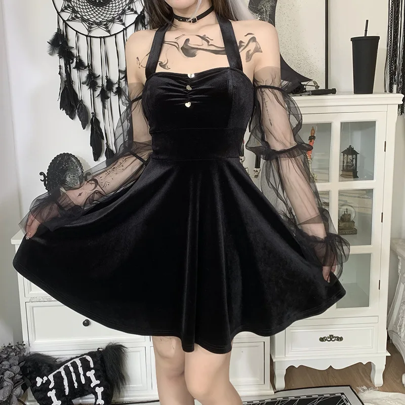 

Gothic Sexy Dress Vintage Off Shoulder Lantern Sleeve Mesh Patchwork Velvet Mini Dress Dark Street Black Dress Female