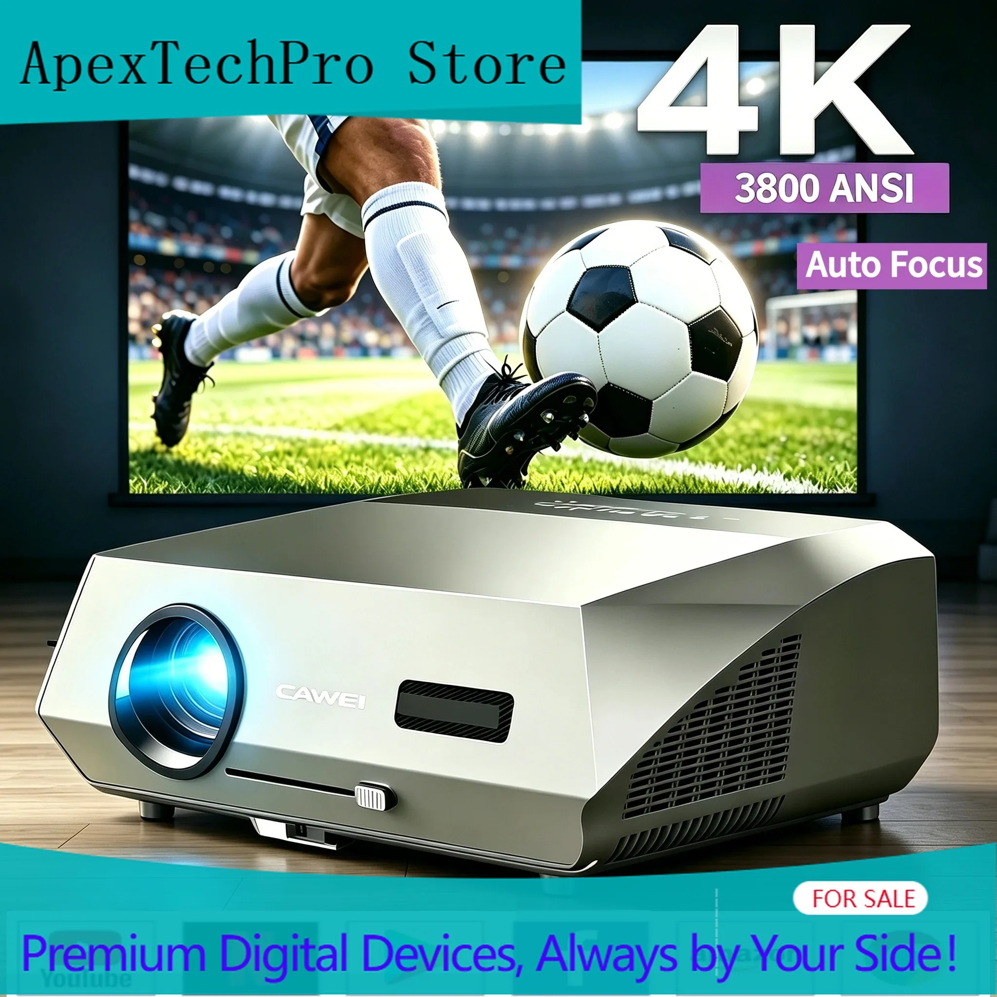Фото Видеопроектор ApexTP4K 3800 ANSI с нативным Full HD, Wi-Fi 2.4+5G, автофокусом, Android TV, для фильмов и видео, NFC, для домашнего кинотеатра (дневное использование) №1