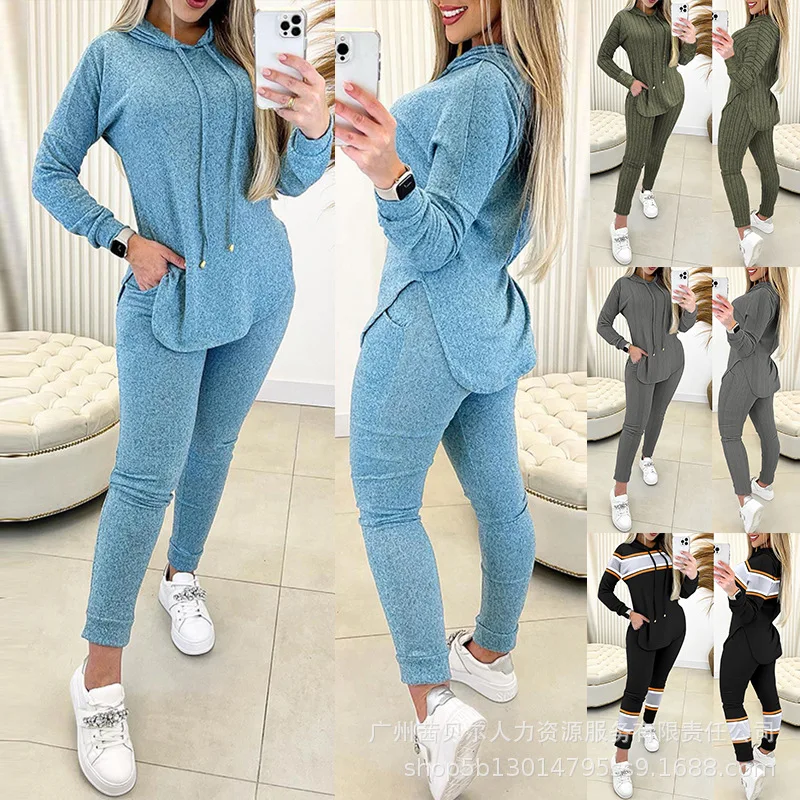 

Cable Textured Hooded Sweatshirt & Pocket Design Pants Set Women Autumn Winter Solid Color Hoodie Sweatpants Clothing Suit