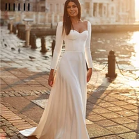 satin wedding dresses for bride with long sleeves 2022 simple sexy sweetheart a line bridal gowns with button robe de mariee