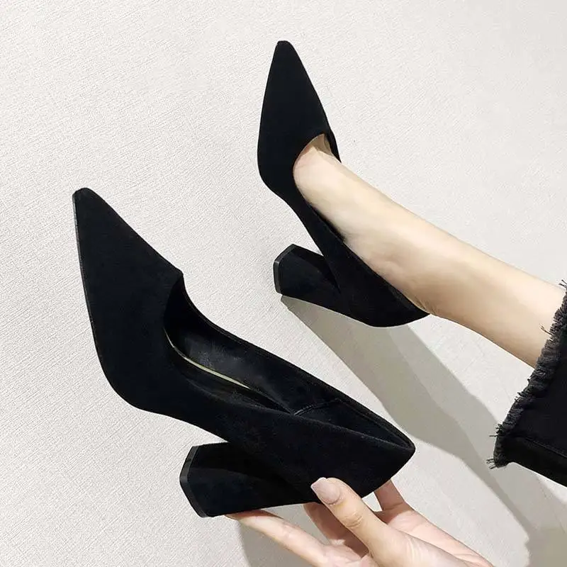 

High Heels Thick Pointed Toe Work Shoes Black Professional Job Interview Single Non-slip Medium Low sThe New