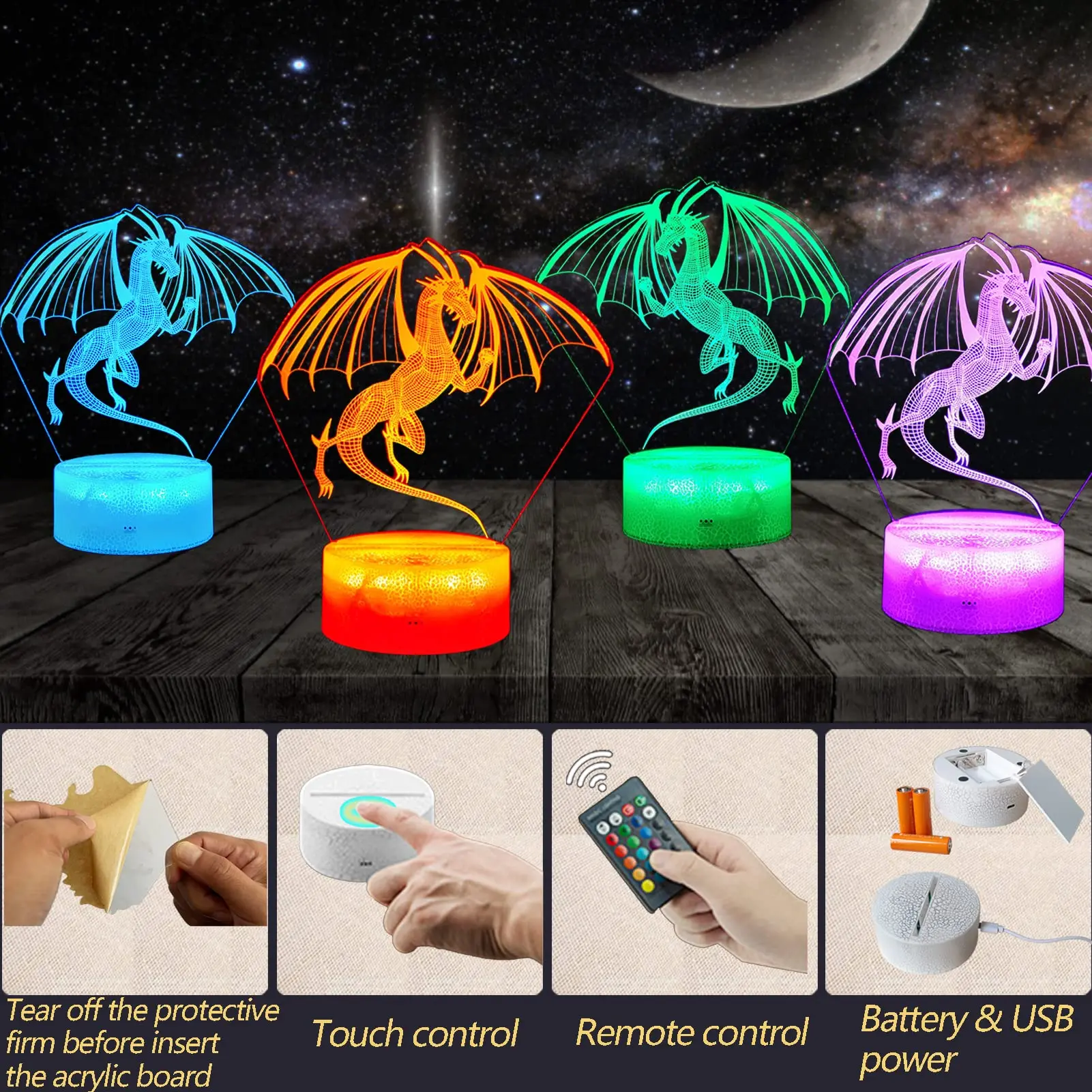 Ночсветильник с 3D драконом светодиодный светодиодная иллюзионная лампа