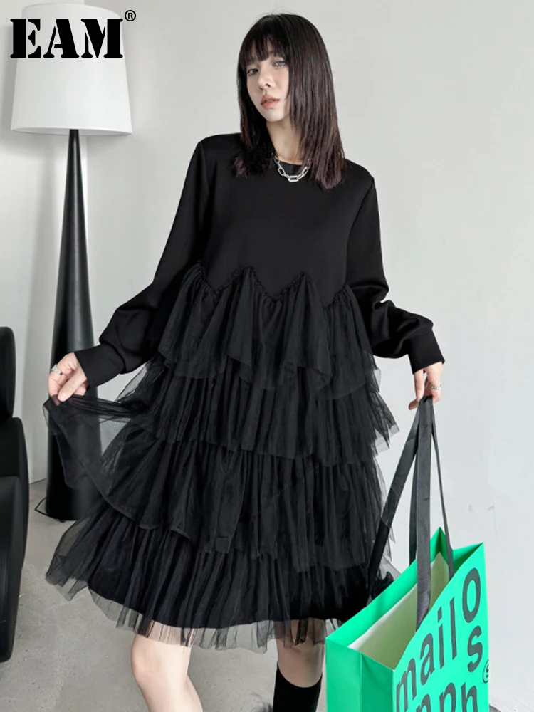 

[EAM] Women Black Irregular Mesh Big Size Mini Dress New Round Neck Long Sleeve Loose Fit Fashion Spring Autumn 2023 1DH2810