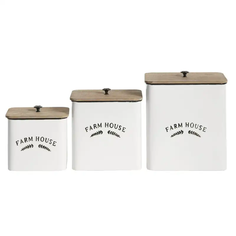 

Extraordinary White Metal Canisters with Natural Brown Lid, Set of 3 in Size 11", 9",7"H - Perfect Home Decor and Storage Soluti
