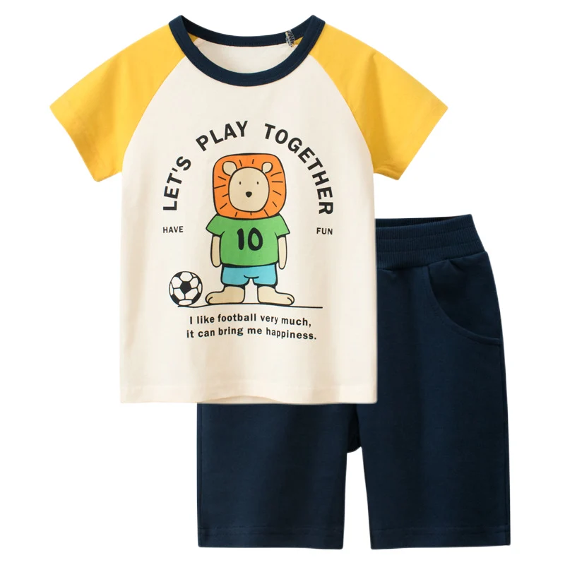 

2023 Summer New Children's Clothing Set Boys Cartoon Lion Print Short Sleeve Cotton T-shirt + Sports Shorts Kids Clothes