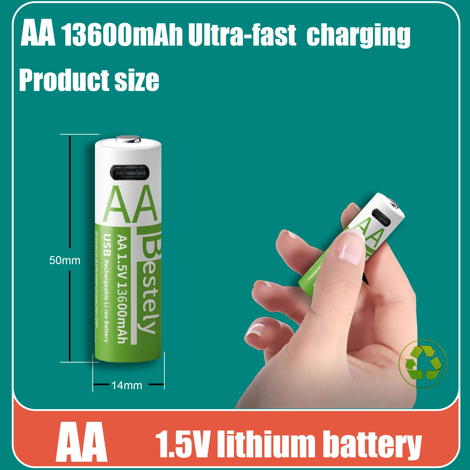 Фото Перезаряжаемая батарея AA 13600 мАч, USB 1,5 В, литиевая ручка с блокировкой отпечатков пальцев большой емкости для мыши, может быть быстрая зарядка №5