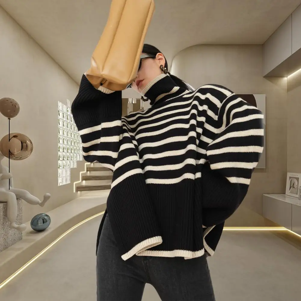

Свитер женский с длинным рукавом, уютный стильный мягкий вязаный свитер с высоким воротником и принтом в полоску, контрастных цветов, Осень-зима