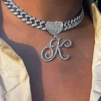 punk hip hop cuban choker cursive initial letter heart necklace for women men iced out crystal cuban link chain necklace jewelry