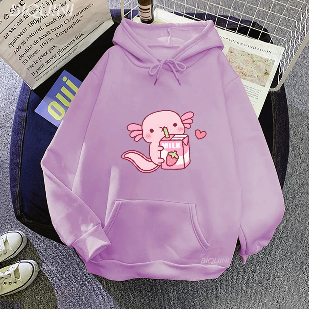 

Cute Axolotl Salute Drink Milk Women Fall Clothing 2023 New Cartoon Long Sleeve Fashion Hip Hop Unisex Essentials Pullovers Cute