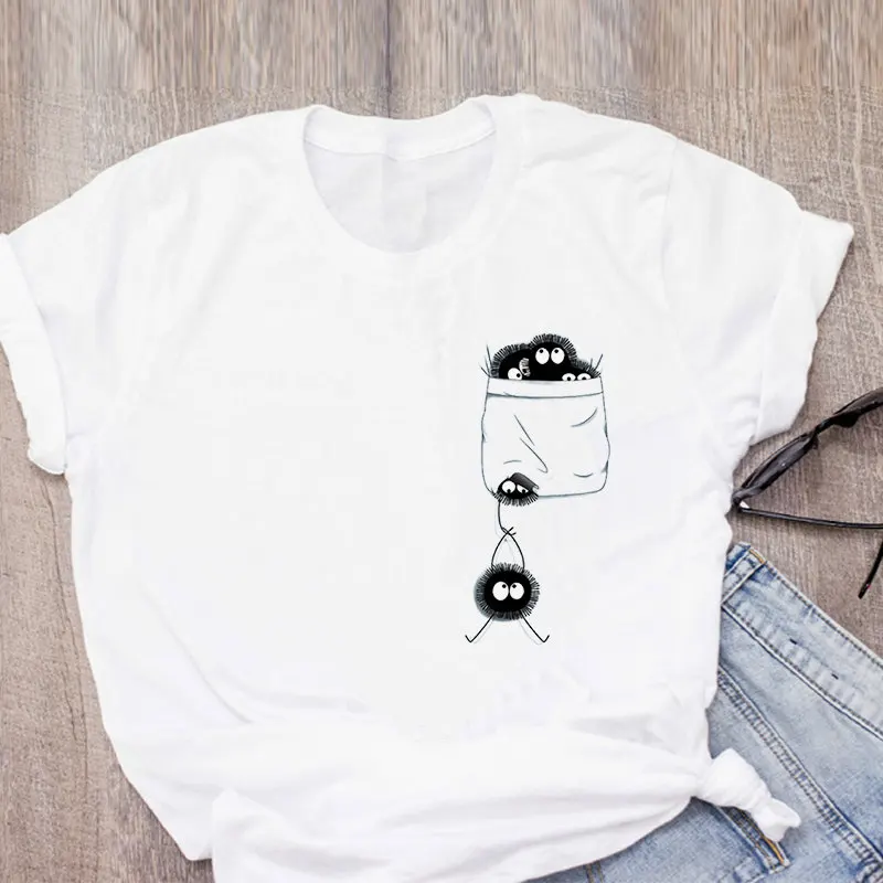 

Summer Women's T-shirt Ghibli Neighbor Totoro Dustbunny Printed T-shirt Harajuku Kawaii T-shirt Lady Ulzzang Funny 90s T-shirt