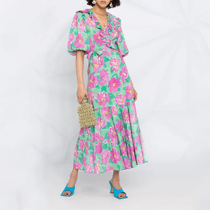 2022 Autumn New Lotus Leaf Skirt Hosted V-collar Waist Tie With A Piece Of Dress Dress