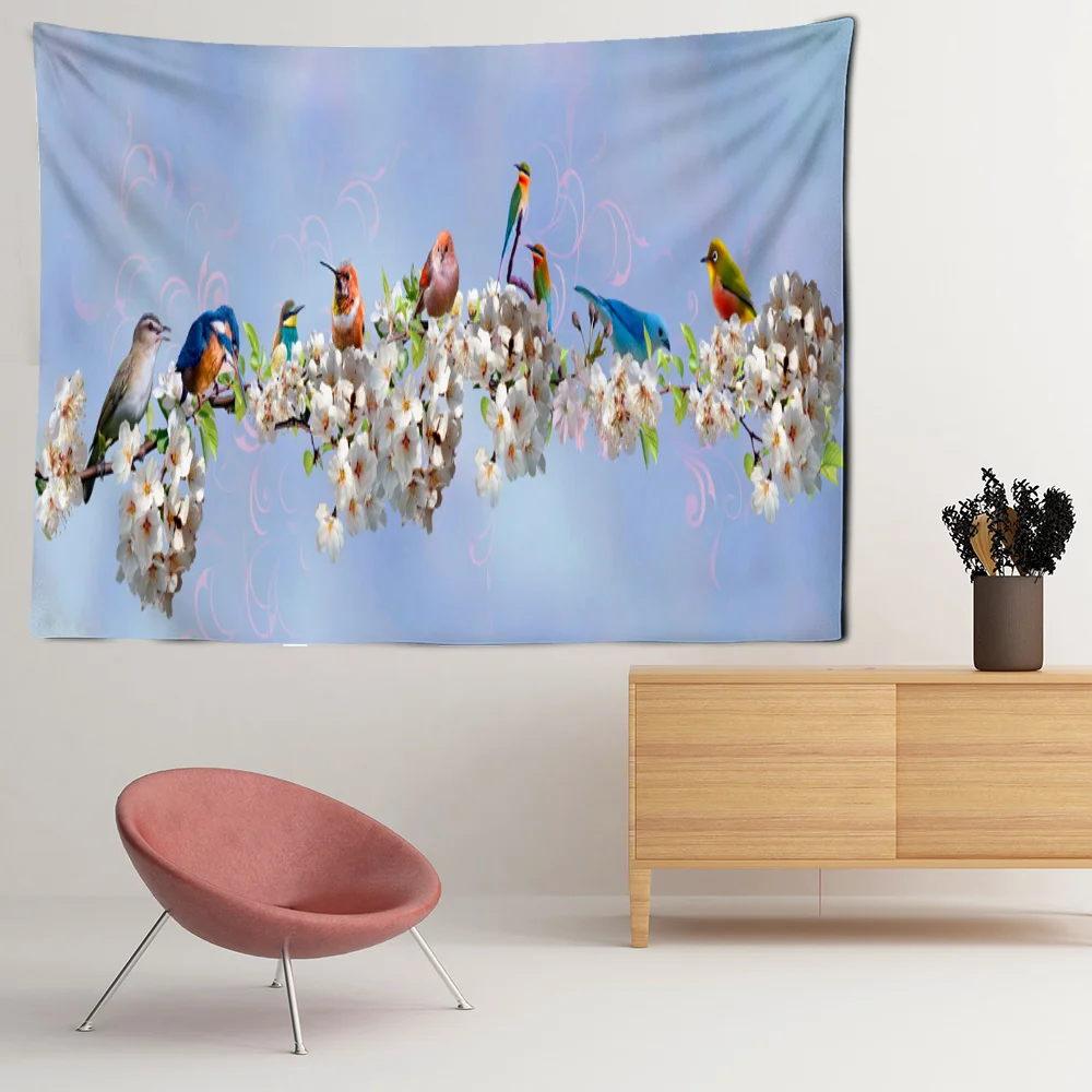 

Magpie Sparrow Tapestry Flower Tree Branch Birds Perched Aesthetic Room Decor Maison Wall Gifts Bedroom Dormitory Kitchen