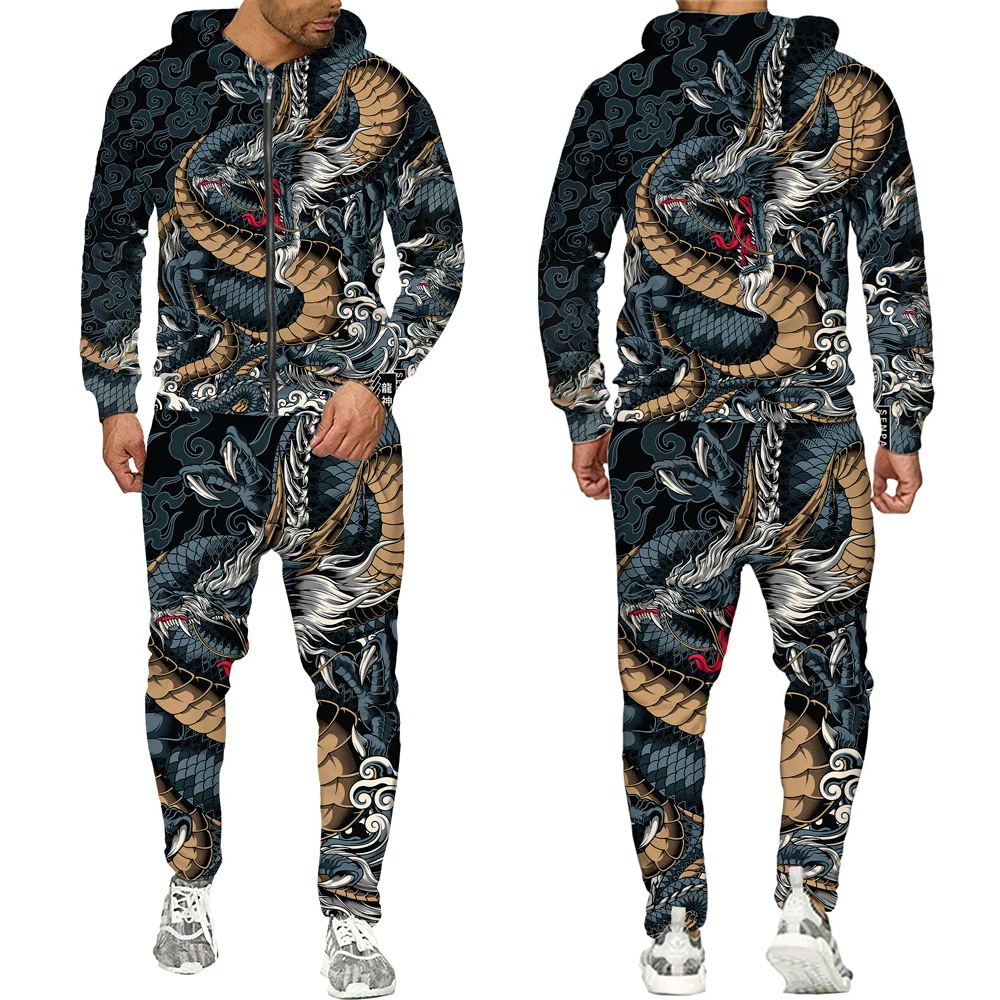 

Autumn 3D Oriental Dragon God Printed Mens Hooded Sweater Set Male Japanese Samurai Tattoo Zipper 3d Tracksuit Men Clothing Suit