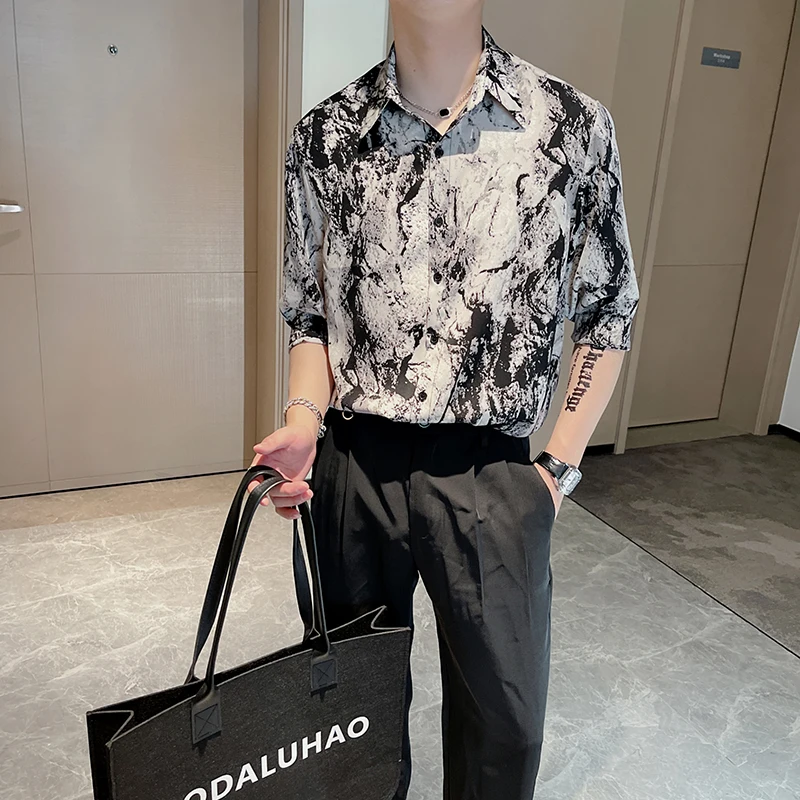 Chinese Style Ink Printing Shirts Men Summer Short Sleeve Loose Casual Shirt Streetwear Social Party Tuxedo Blouse Men Clothing
