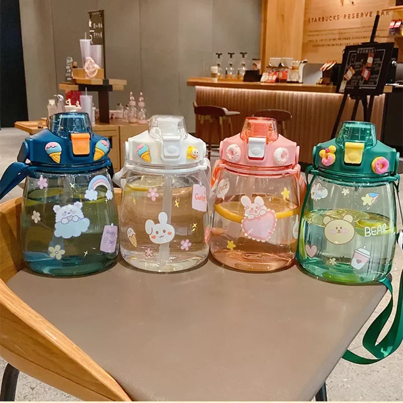 

1200ml Large Capacity Outdoor Sports Water Bottle With Straw Strap 3D Sticker For Girls Children Portable School Drinking Bottle