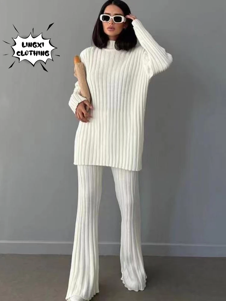 

2023 Autumn Fashion Women's Knitting Set Solid Color Loose Elegant Knitting Pullover High Waist Knitting Pants Two Piece Set