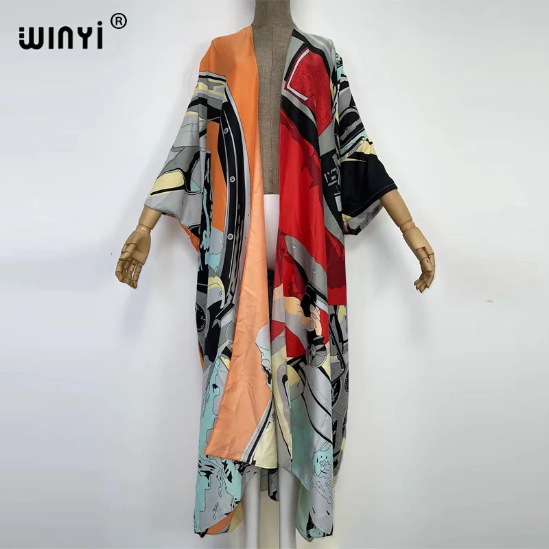 

2022 WINYI beach cover up fashion lady pink boho Cardigan Beach Wear Swim Suit sexy Boho Maxi Holiday long Sleeve KIMONO