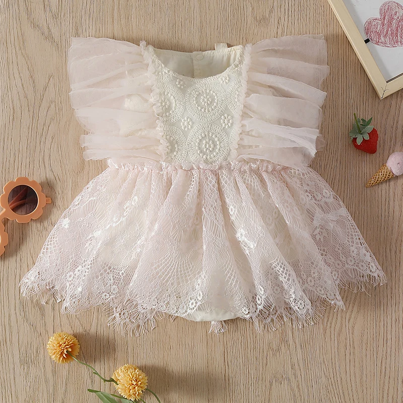 

Toddler Baby Girls Romper Dress Contrast Color Lace Mesh Patchwork Ruffle Sleeveless Tulle Dress Newborn Summer Jumpsuit