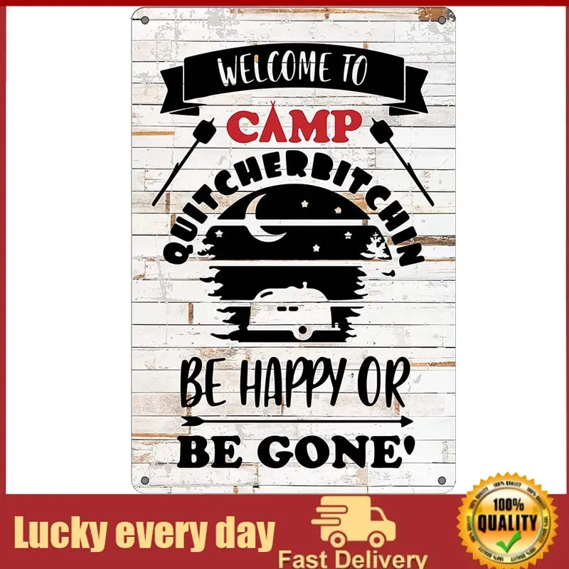 

Funny Welcome to Camp Metal Tin Sign Wall Decor Farmhouse Rustic Camping Signs with Sayings for Home Camper Room Decor Gifts