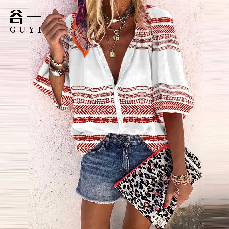 

2022 Summer Women's V-neck Printing Fashion Shirt Women's Top