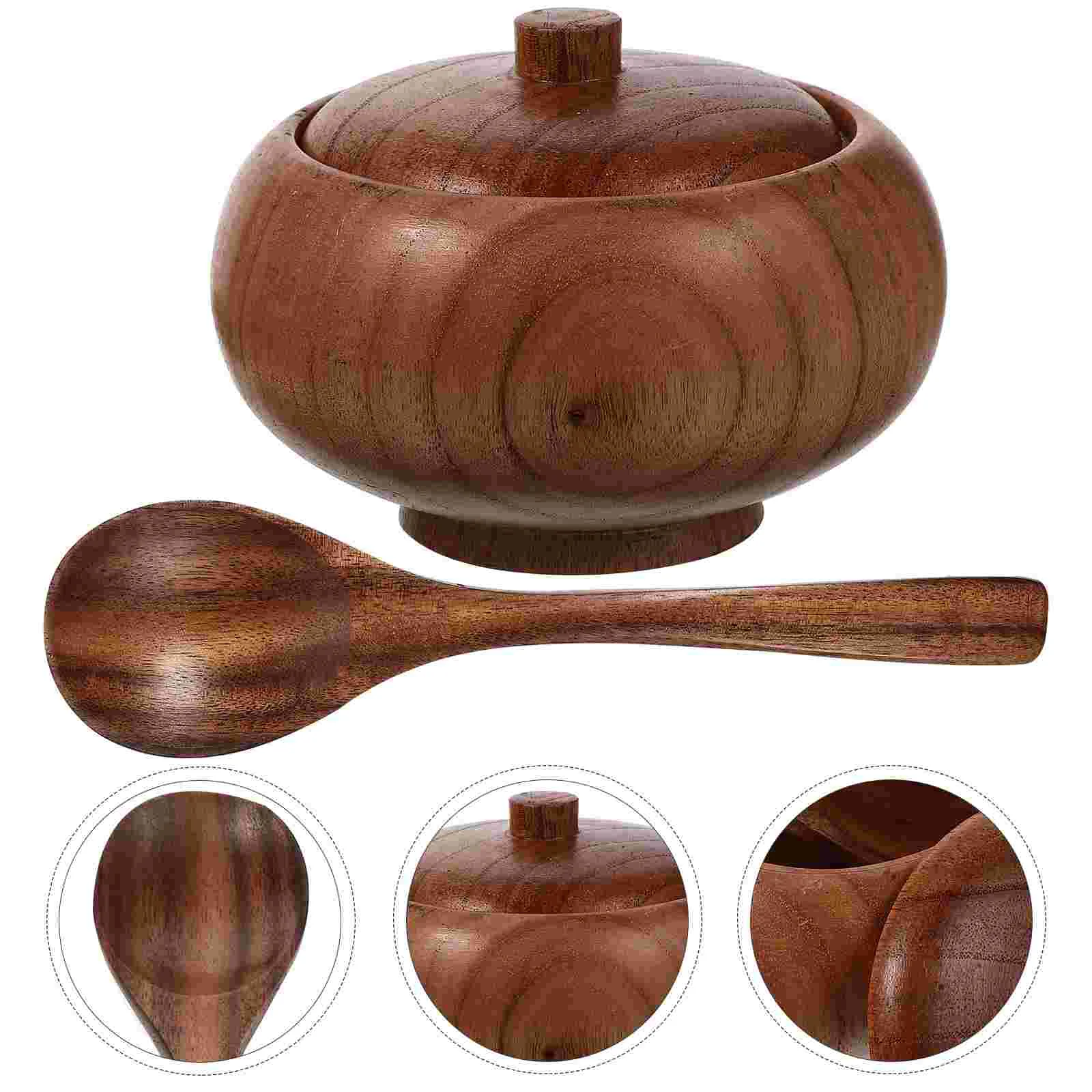 

Condiments Containers Wood Salt Box Holder Rice Bowls Japanese Shaker Covered Wooden Spoon
