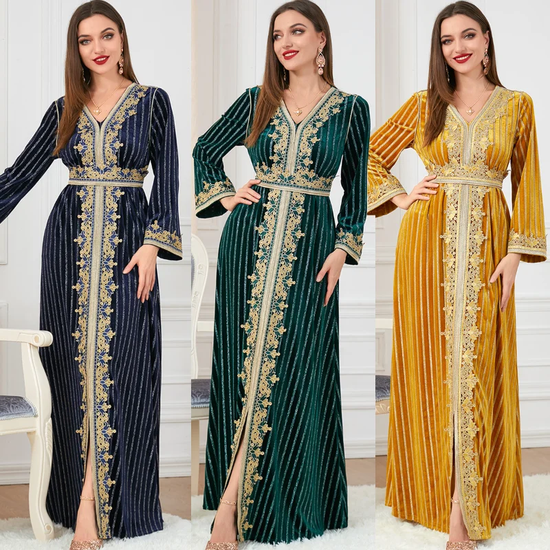Muslims Sexy V-Neck Floral Embroidery Guipure Lace Panel Belted Kaftan Velvet Autumn Winter Women's Soft Evening Dress