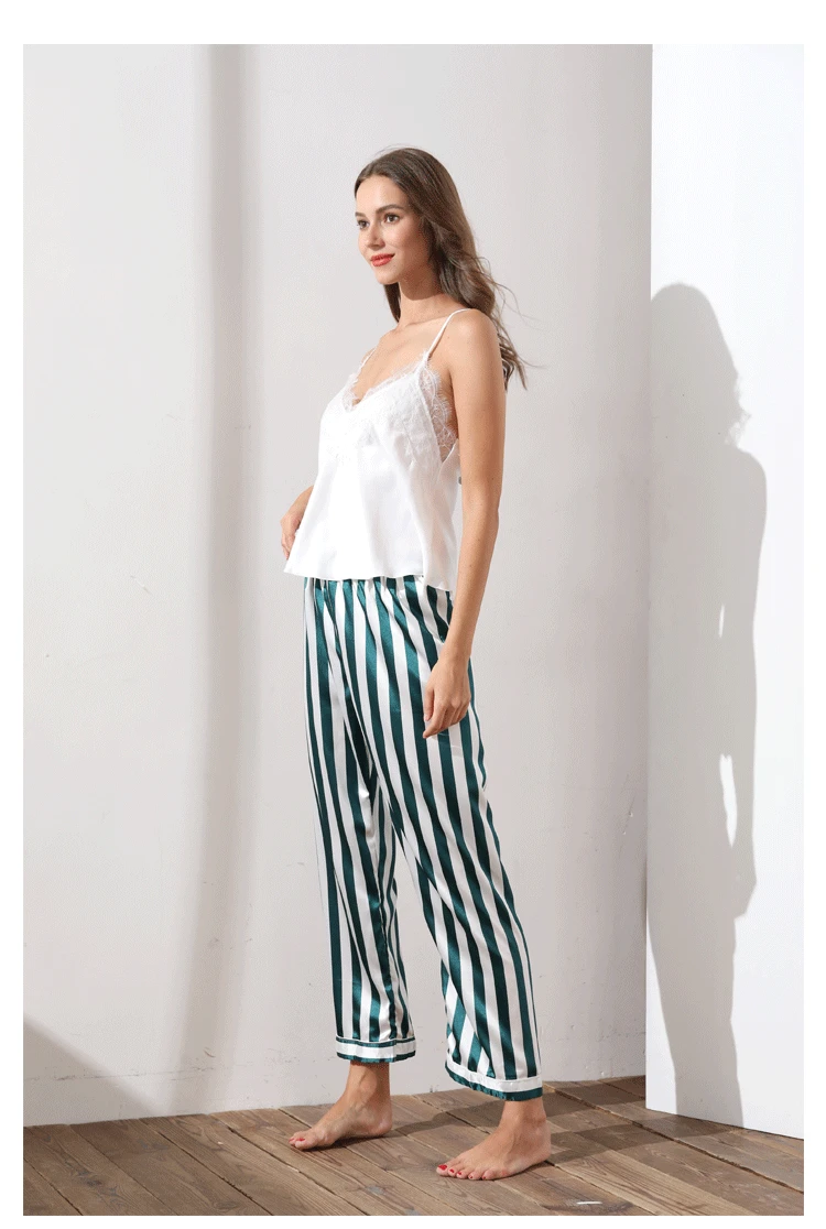 Summer Pajamas Set Women's 2 Pieces Pajama Suits Silk Satin Nightwear 2022 Home Clothes Sexy Lace Cami Top and Pants Sleepwear