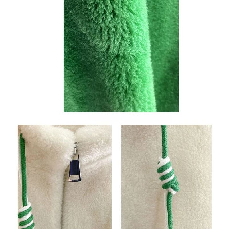 Faux Fur Coat Green White Spliced Lamb Fur Winter Jacket Women 2022 New Fashion Double Faced Fur Loose Tops Famale Clothing