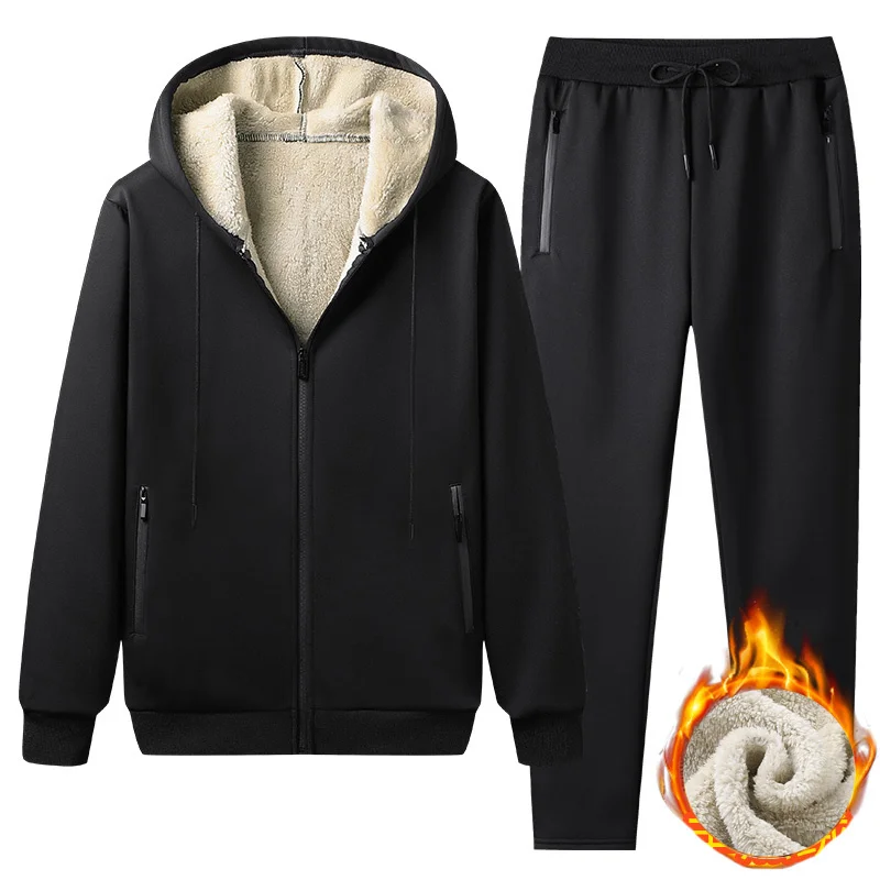 

Зимний мужской комплект из двух предметов, теплый кашемировый спортивный костюм, мужская верхняя одежда, 2022 толстый флисовый повседневный мужской комплект, однотонный комплект из куртки и брюк