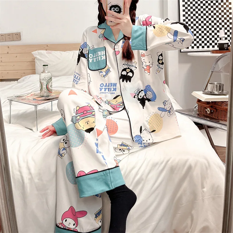 

Kawaii Sanriod аниме хобби My Melody Kuromi Cinnamoroll Hello Kitty Весенняя женская длинная пижама из двух частей с длинным рукавом домашняя одежда