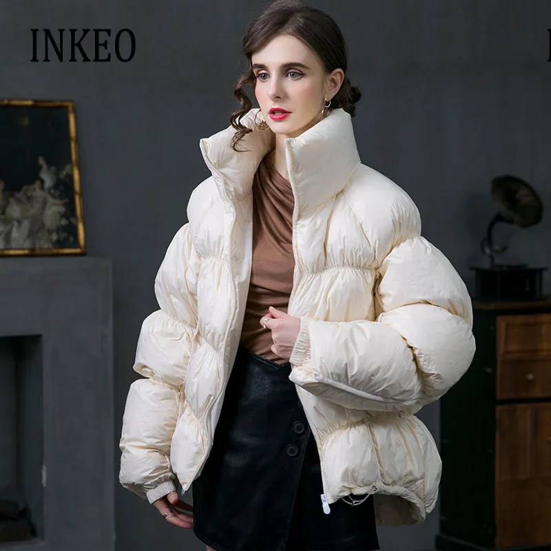 

puff sleeve stand collar coat 90% White duck down jacket winter women warm outerwear thick oversized fashion INKEO 1O187