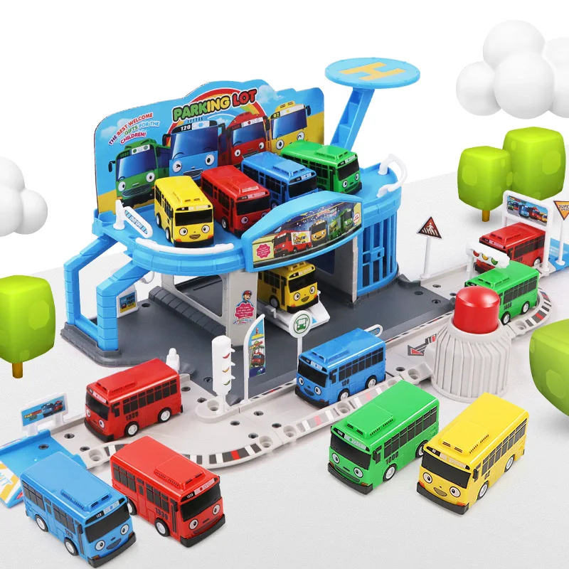 Korean Anime Toy the Little Bus Garage Puzzle Assemble Track Transit Service Station Packing Lot with 2 tayo Bus Play Toy Model