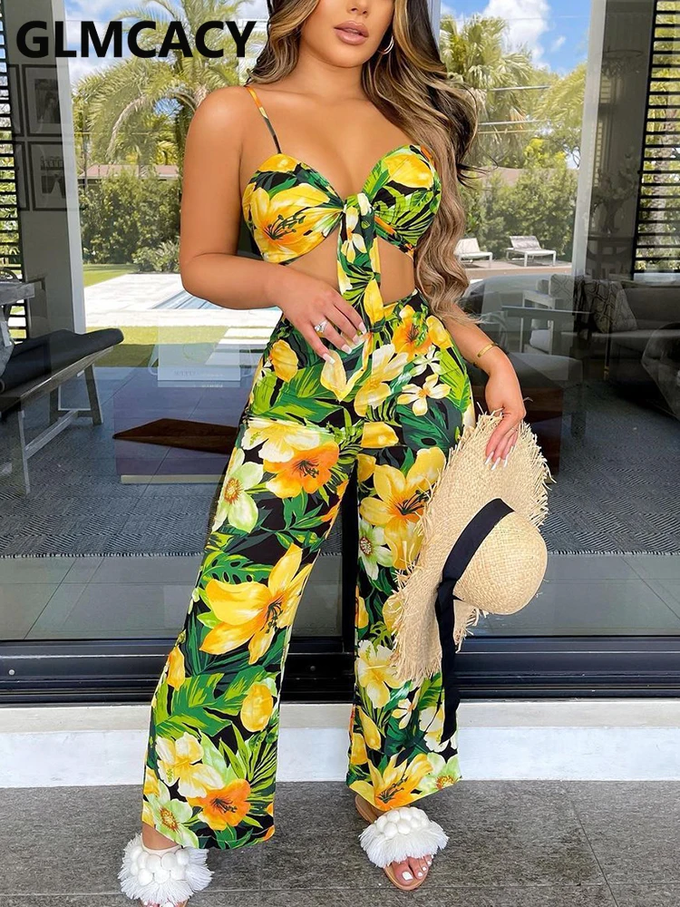 

Women Spaghetti Strap Floral Printed Tie Front Jumpsuit Summer Beach Overalls