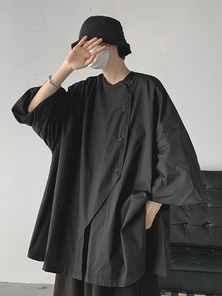 

Collarless short-sleeved shirt Men's irregular men's split three-quarter sleeve