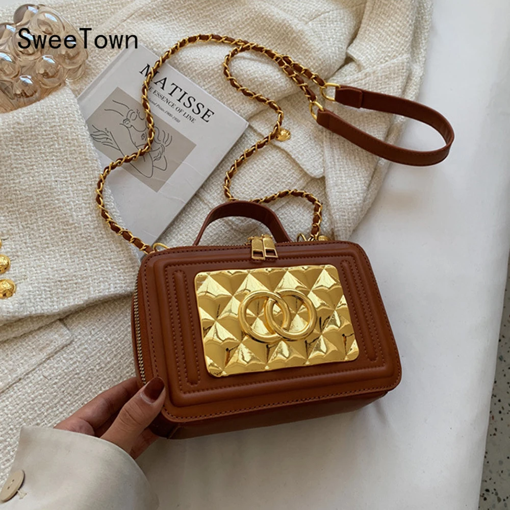 

Sweetown 2022 New Fashion Women Crossbody Bag Metal Chain Shoulder Bag Zipper Handbag Purse Summer Travel Bag For Female