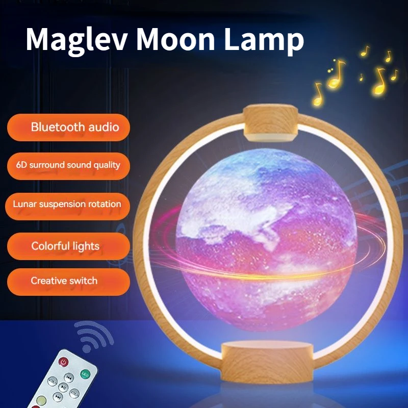 Maglev Moon Lamp Bluetooth Speaker Colorful Glowing Night Light Wood Grain/black Base Desktop Ornament Bedroom Decor Table Lamps