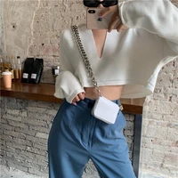 spring and autumn high waist short v neck crop tops sexy korean fashion pure color long sleeve knitted t shirts womens clothes
