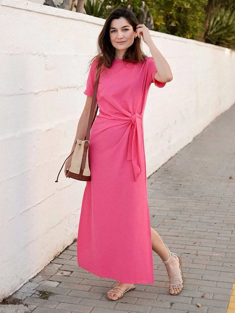 

Женское длинное платье с бантом и разрезом, длинное винтажное платье из органического хлопка с коротким рукавом и круглым вырезом, лето 2022