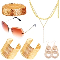 7 pcs gold disco set 1970s disco accessories disco set rimless diamond cutting fashion jewelry set for ladies