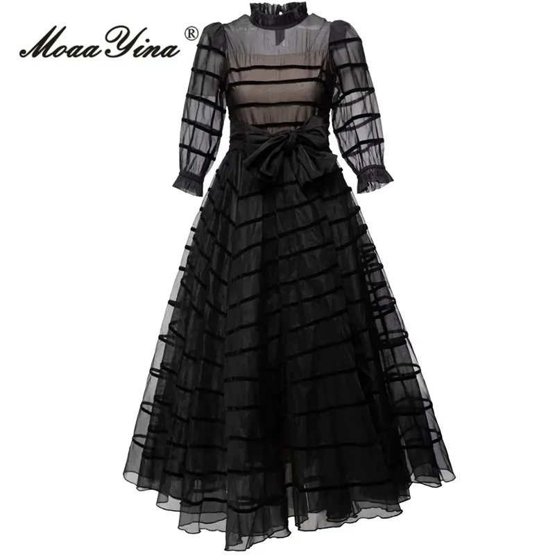 MoaaYina Fashion Designer dress Spring Summer Women Dress Black Stand Collar High Waist Belt Slim Net Yarn Lantern Sleeve Dress