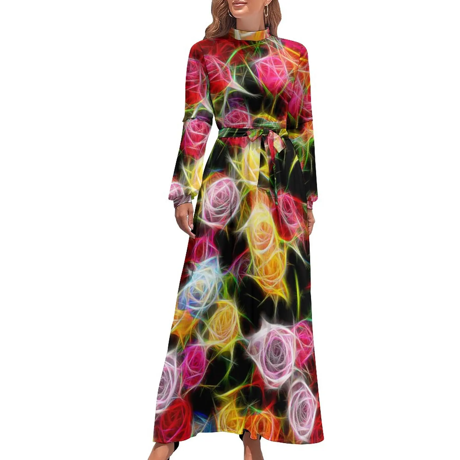 

Платье-макси с цветочным принтом, высокой талией и длинным рукавом