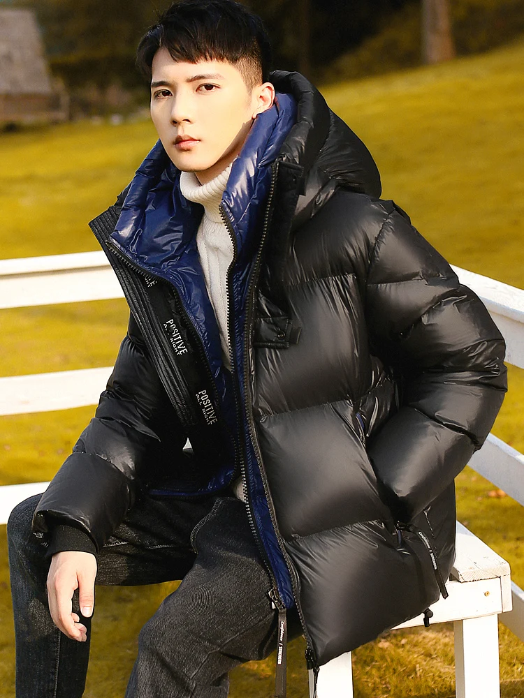 Glossy High Sense down Jacket Men's Winter New Fake Two Pieces Color Stitching Thickened Puffer Jacket Coat