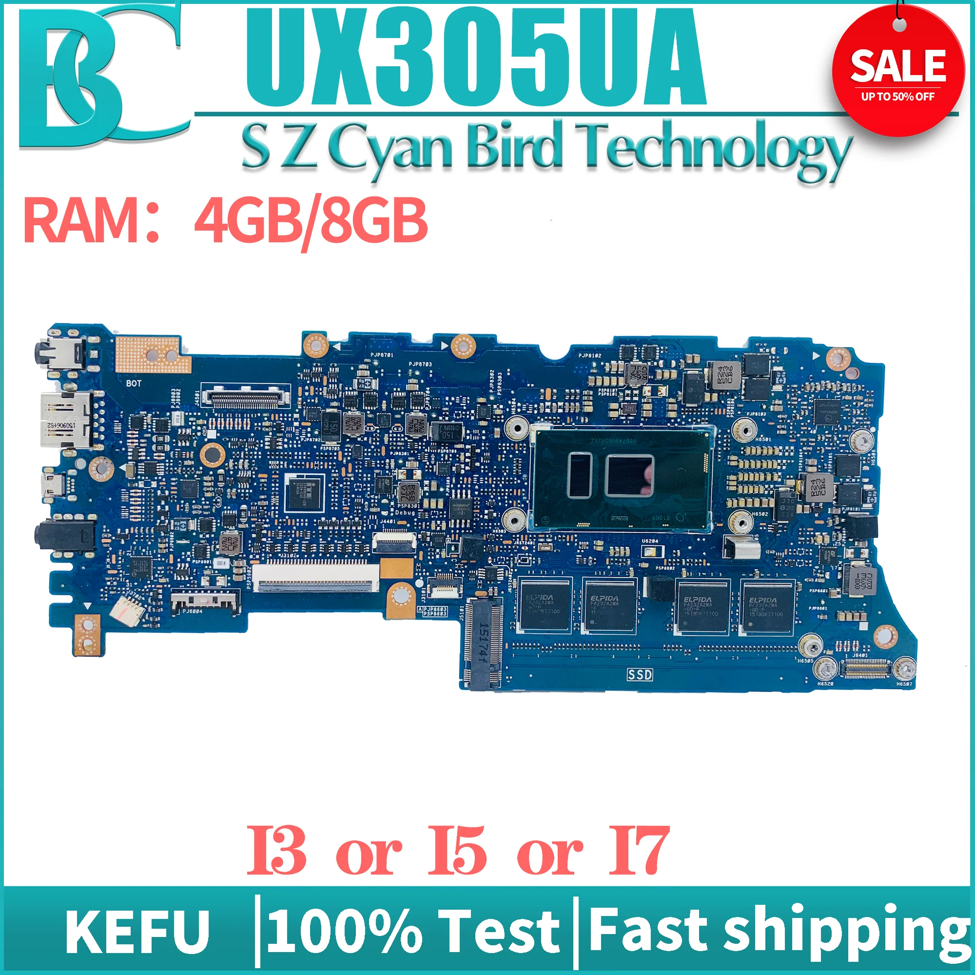 

KEFU Best Quality UX305UA I3 I5 I7 6th Gen CPU 4GB or 8GB RAM Mainboard For ASUS UX305U U305UA Laptop Motherboard Test 100% OK