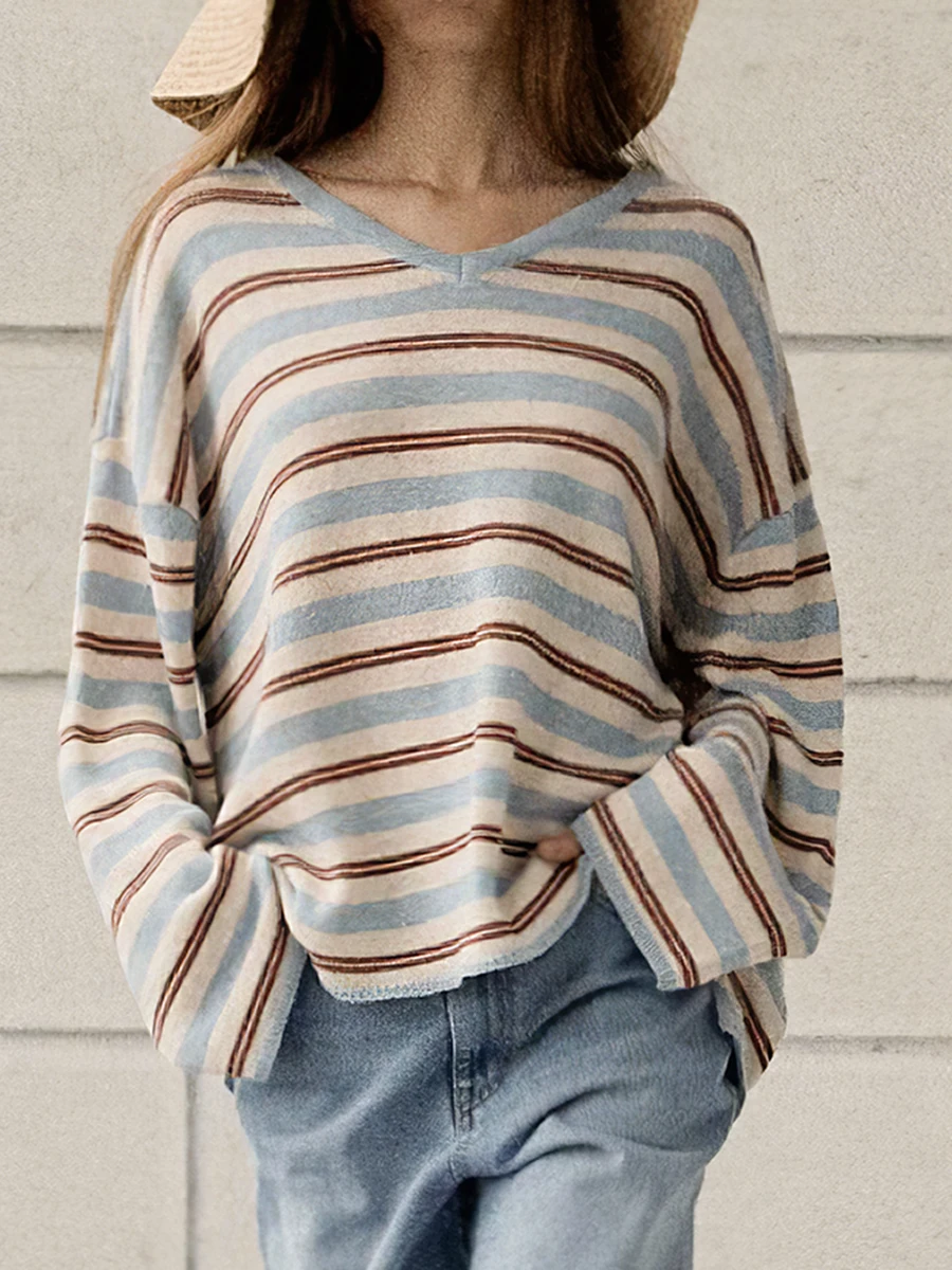 

Striped Knitted Sweater Women Spring Autumn V-neck Long Sleeves Loose Pullover Top Female Vintage Elegant Pull Clothes 2022