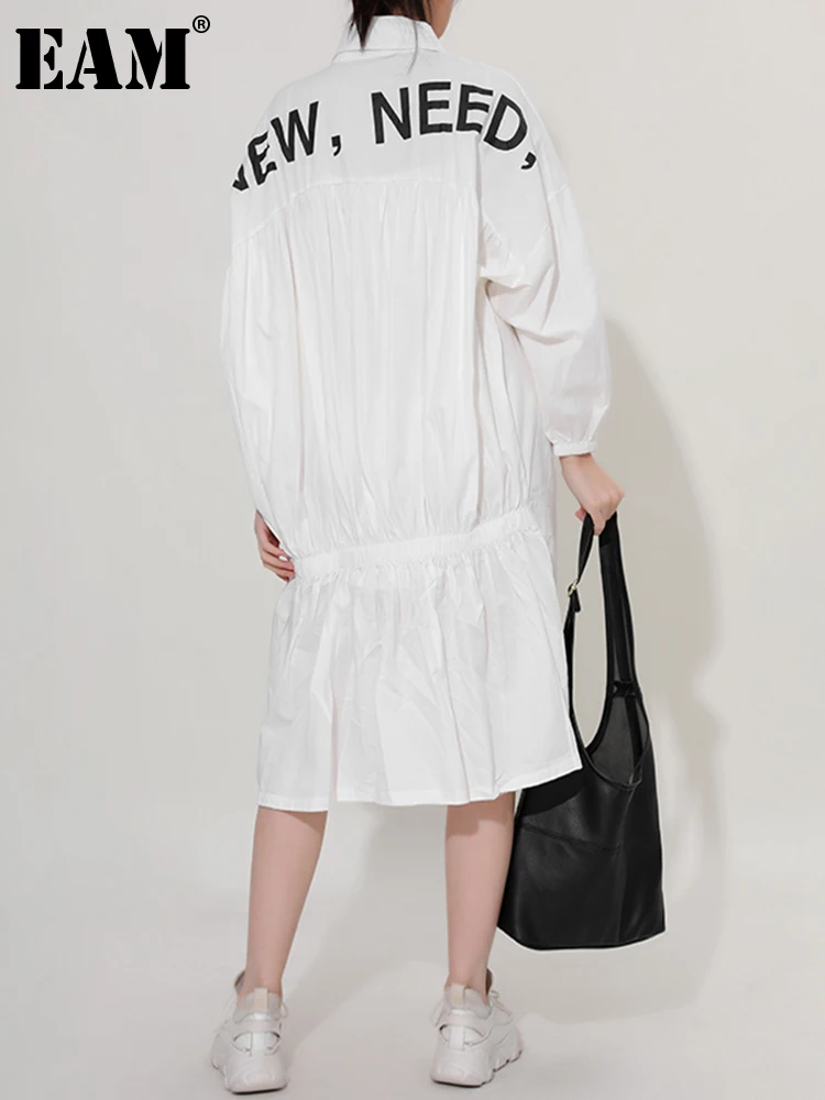 

[EAM] Women Back Printed Pleated Big Size Shirt Dress New Lapel Long Sleeve Loose Fit Fashion Tide Spring Autumn 2022 F9550