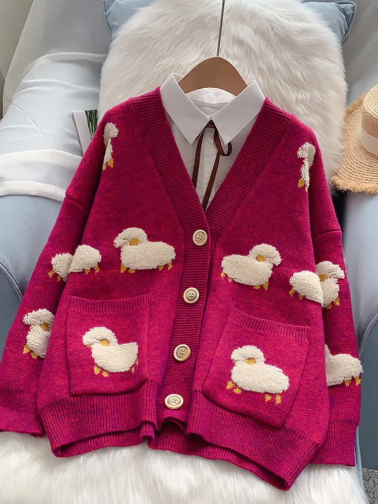 

2022 Women Sweater Cardigans Knitcoat V Neck Sheep Cardigans Sweaters Warm Knitwear Korean fashion Sueter Mujer Long Jacket