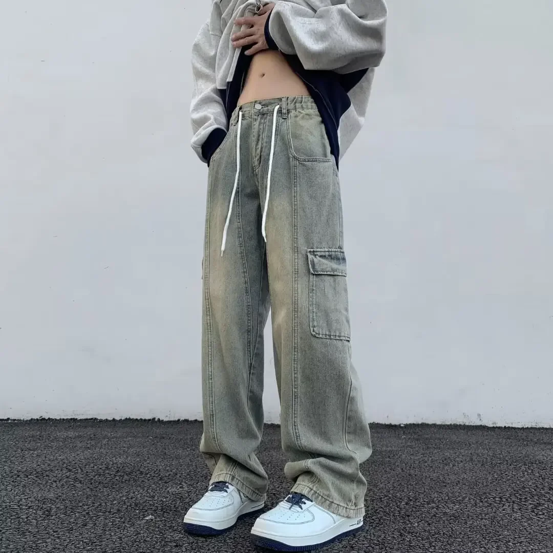Vintage Distressed American Style Yeast Stained Drawstring Workwear Jeans For Men Women Elastic Waist Fit Straight Leg Pants