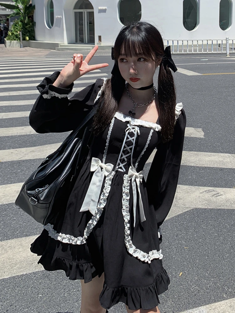 

Винтажное дизайнерское мини-платье в стиле Лолиты в готическом стиле с бантом, каваи, одежда в японском стиле, платья с пышными рукавами для ...