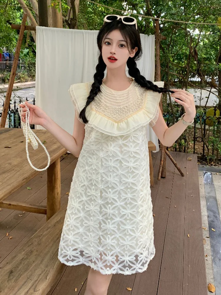 

Ruffles Patchwork Sweet Dress Women Korean Chic Solid Color Gentle Dresses Female O-neck A-line Mini Vestidos Mujer